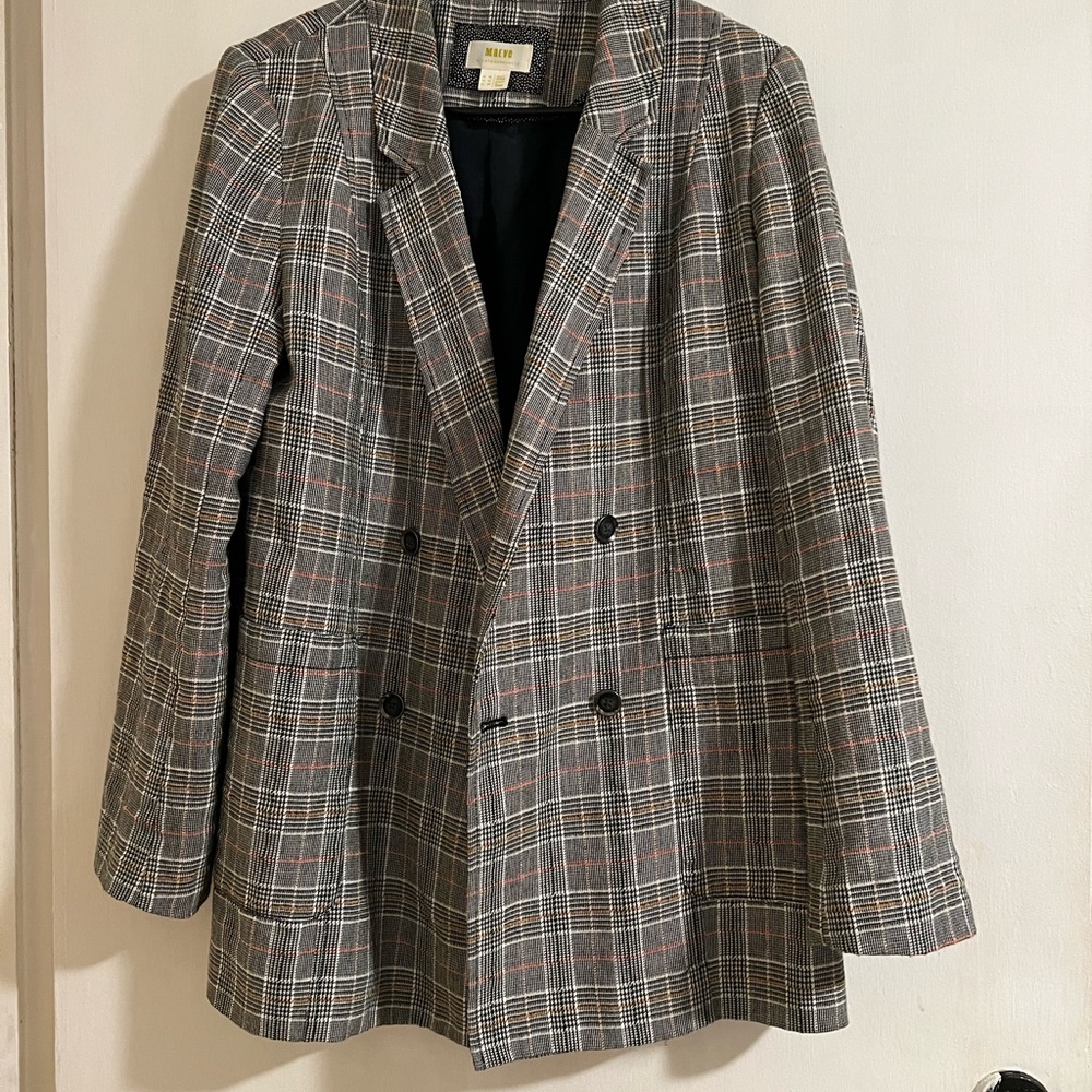 Anthropologie Plaid Double-Breasted Blazer in Gray with Brown and Black Accents